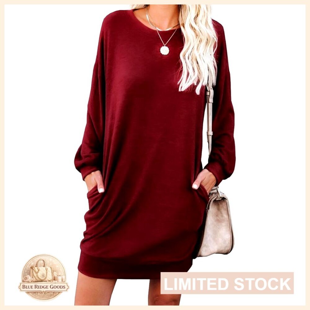 Casual Sweater Dress Loose Fit Pullover Tunic Long Sleeve Side Pockets Fall